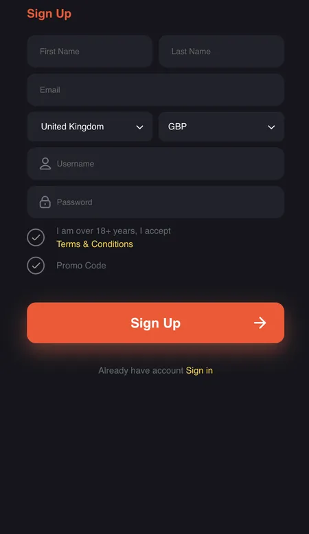 FreshBet registration form with personal details and currency selection